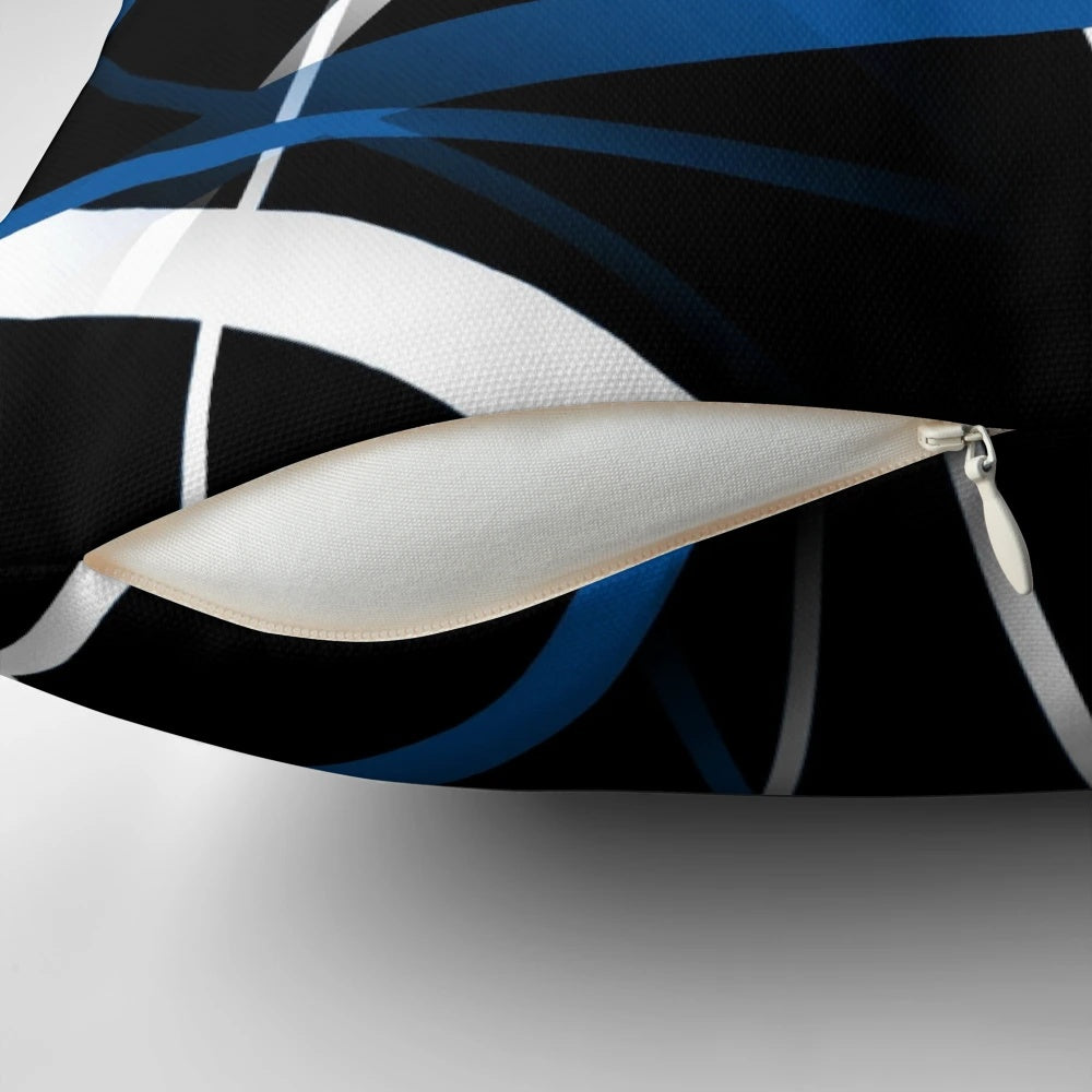 Seamless abstract blue and white lines pattern on black background decorative pillow