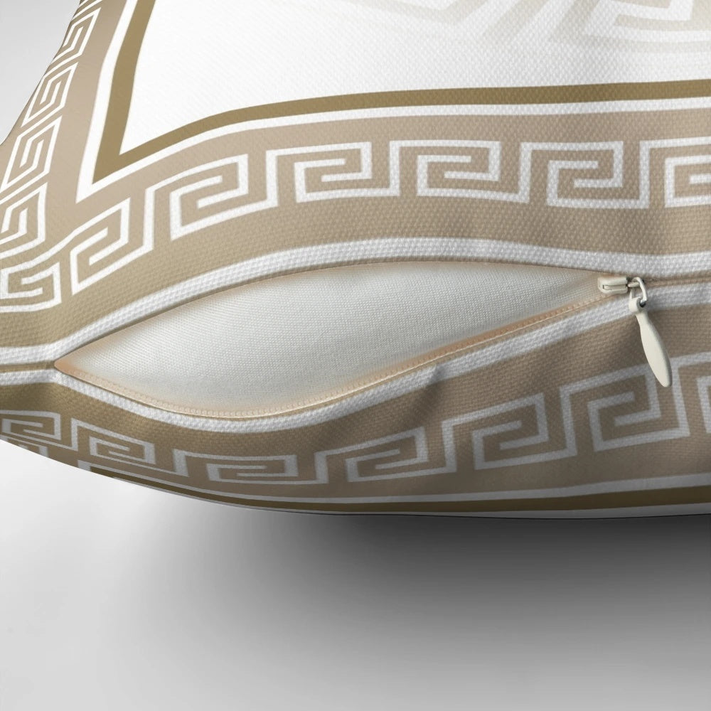 Bronze and white Greek key meander pattern decorative pillow