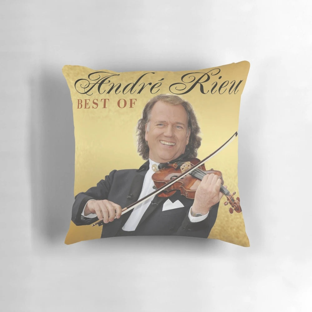 Soft, decorative pillow featuring artwork from the best of classical musician Andre Rieu's concert performances and album covers.