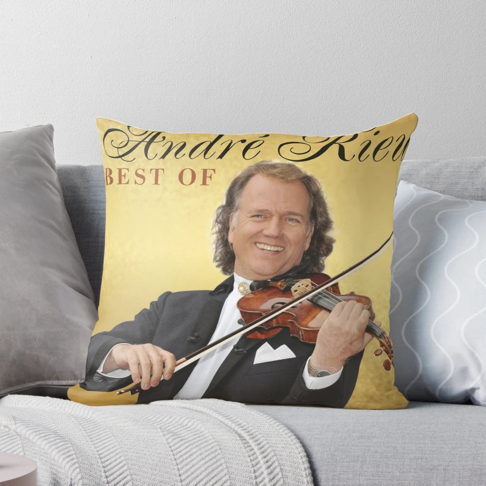 Soft, decorative pillow featuring artwork from the best of classical musician Andre Rieu's concert performances and album covers.