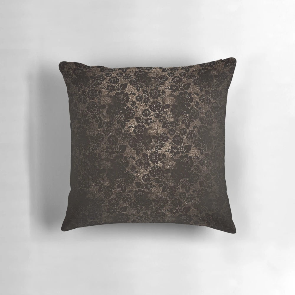 Ornate, black and white damask pattern pillow with a vintage, antique aesthetic