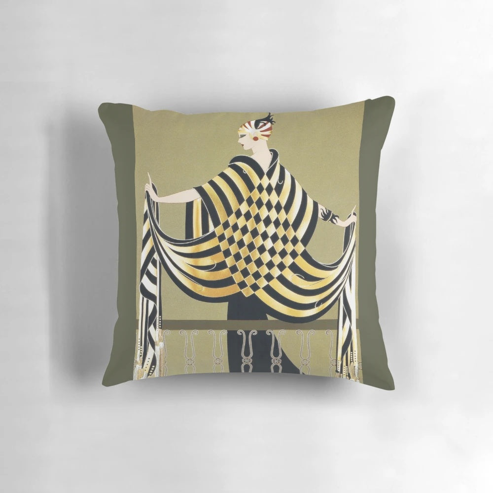 An art deco inspired fashion pillow featuring a woman against a black and white chess board pattern.