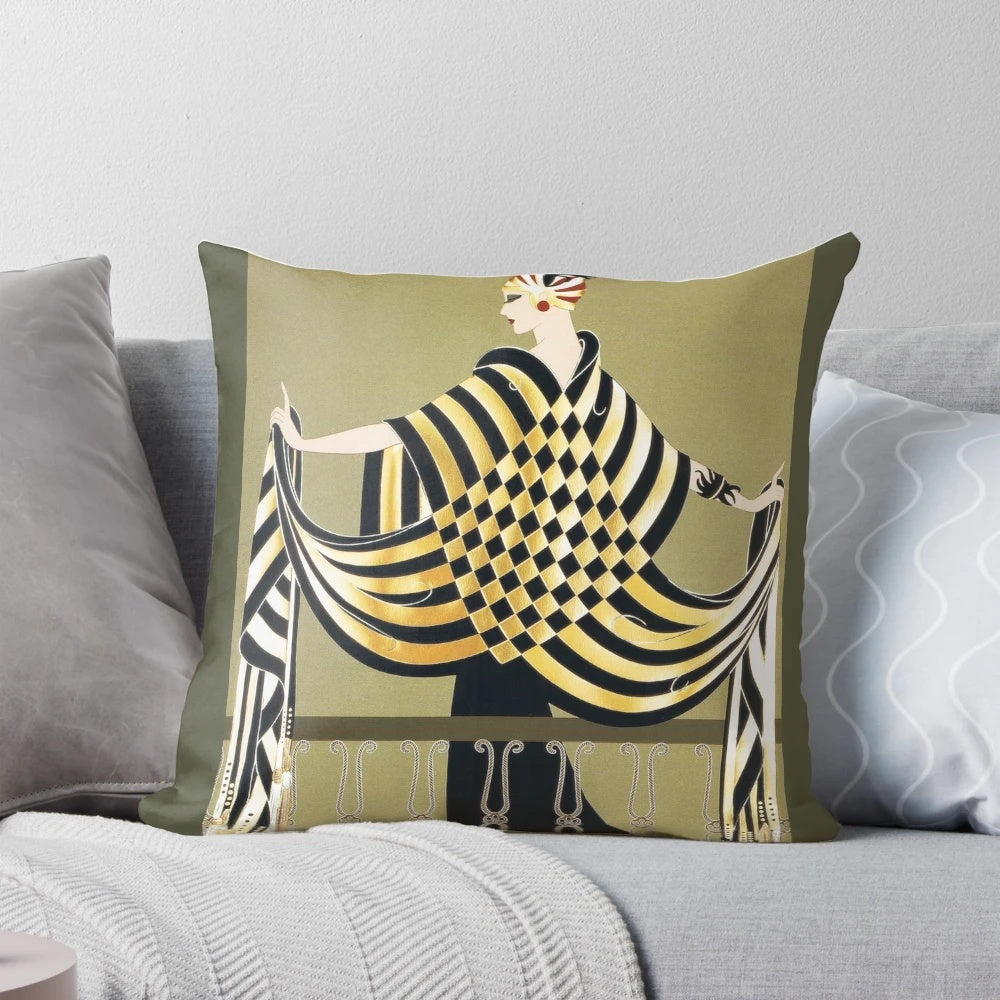 An art deco inspired fashion pillow featuring a woman against a black and white chess board pattern.
