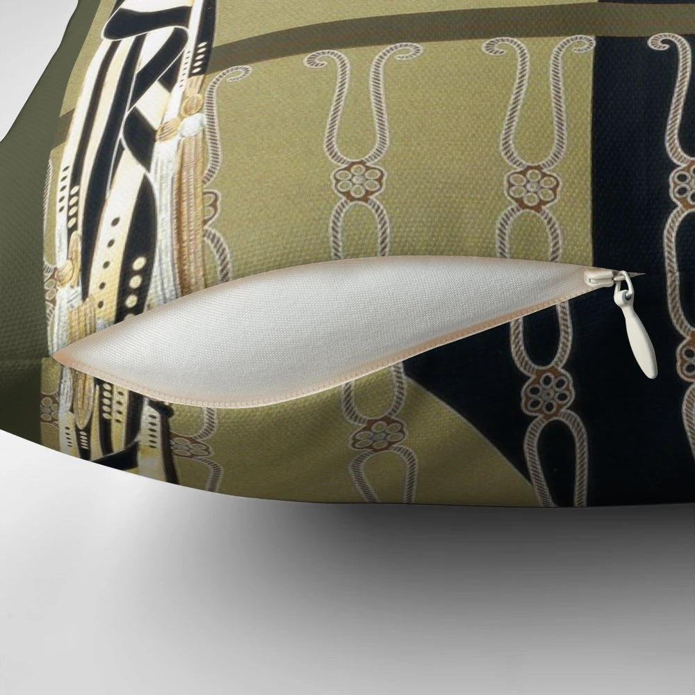 An art deco inspired fashion pillow featuring a woman against a black and white chess board pattern.