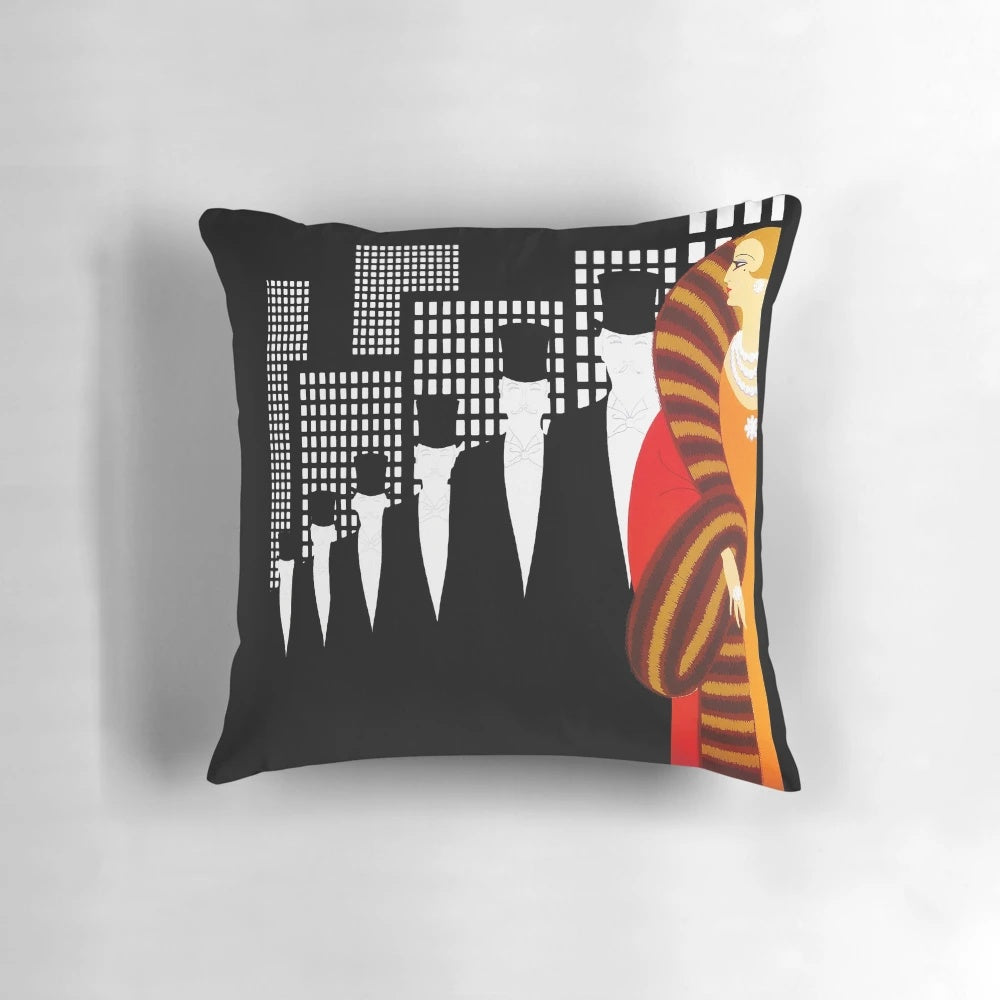 Stylish art deco inspired decorative pillow featuring a vintage fashion illustration of a cosmopolitan woman.