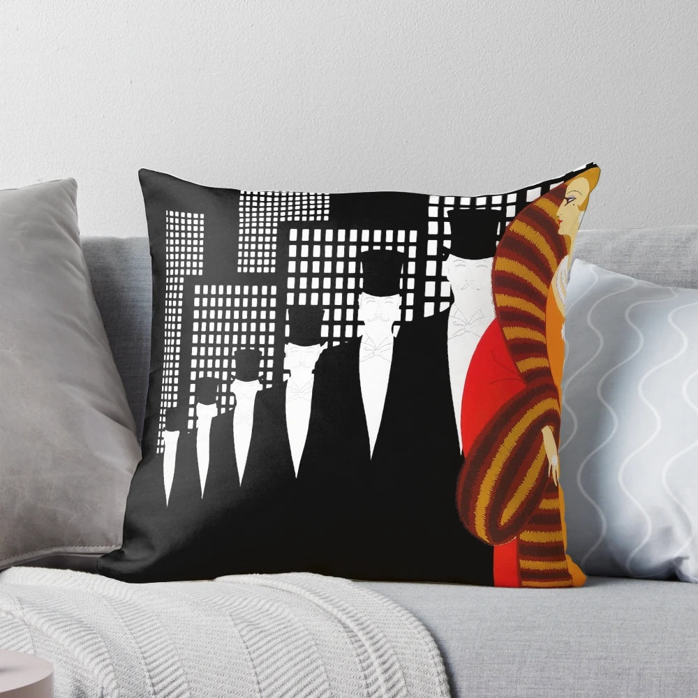 Stylish art deco inspired decorative pillow featuring a vintage fashion illustration of a cosmopolitan woman.