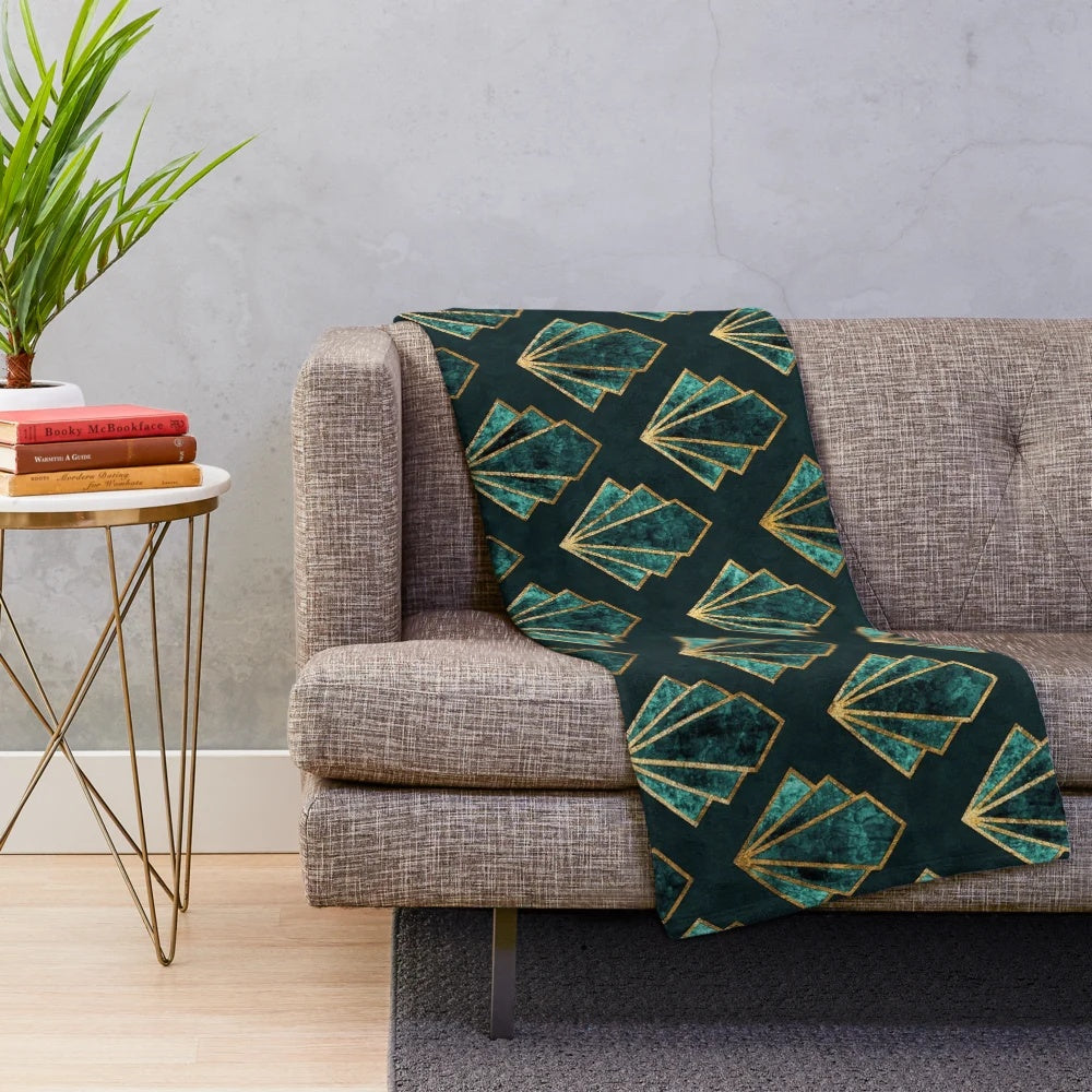 Emerald green and gold art deco patterned plush blanket