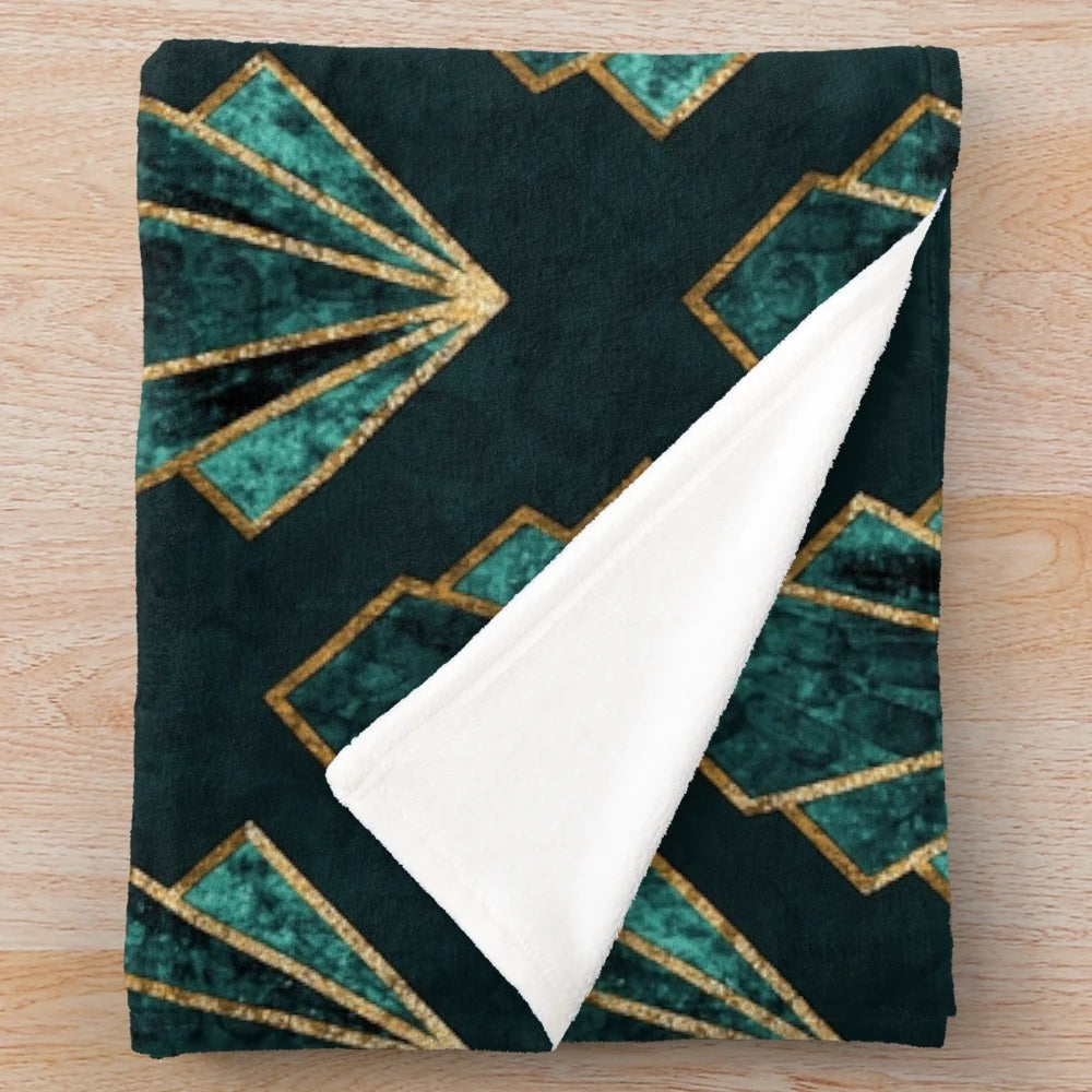 Emerald green and gold art deco patterned plush blanket