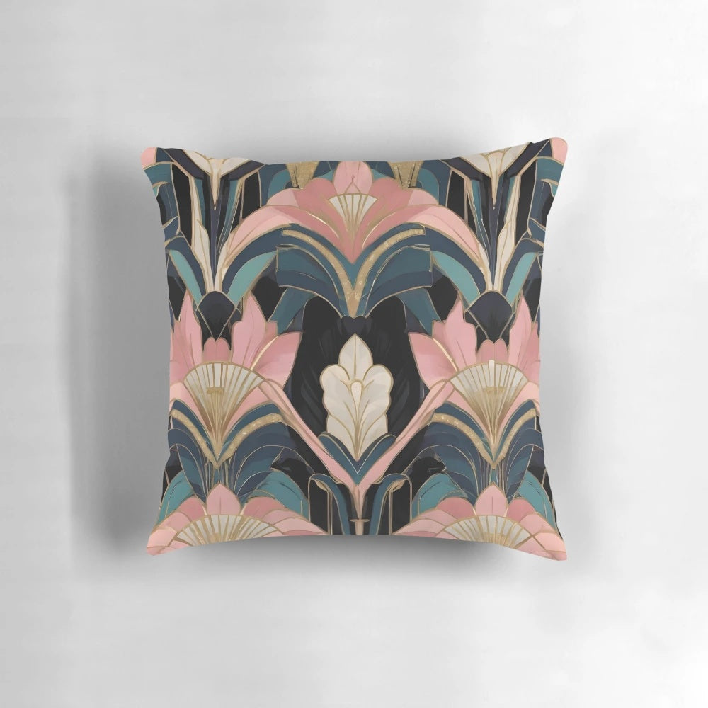 Geometric art deco design pillow with pink and black colors
