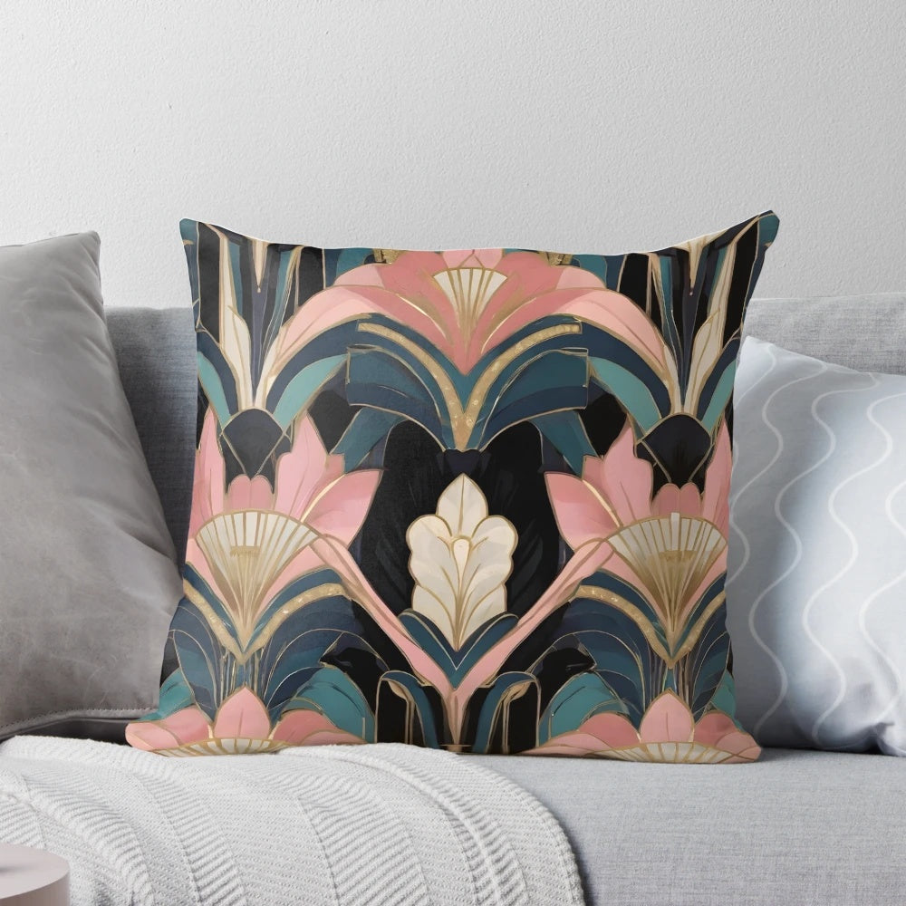 Geometric art deco design pillow with pink and black colors