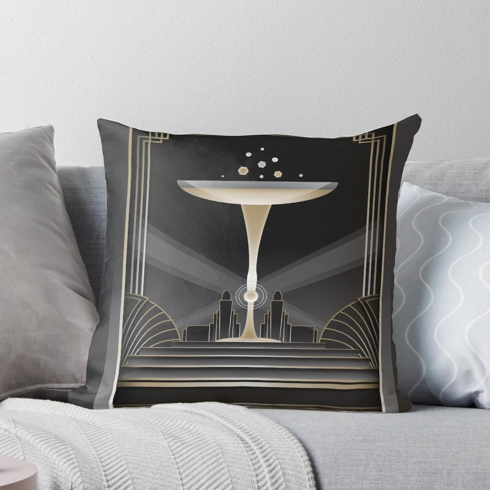 Decorative art deco-style pillow with geometric gold and black pattern