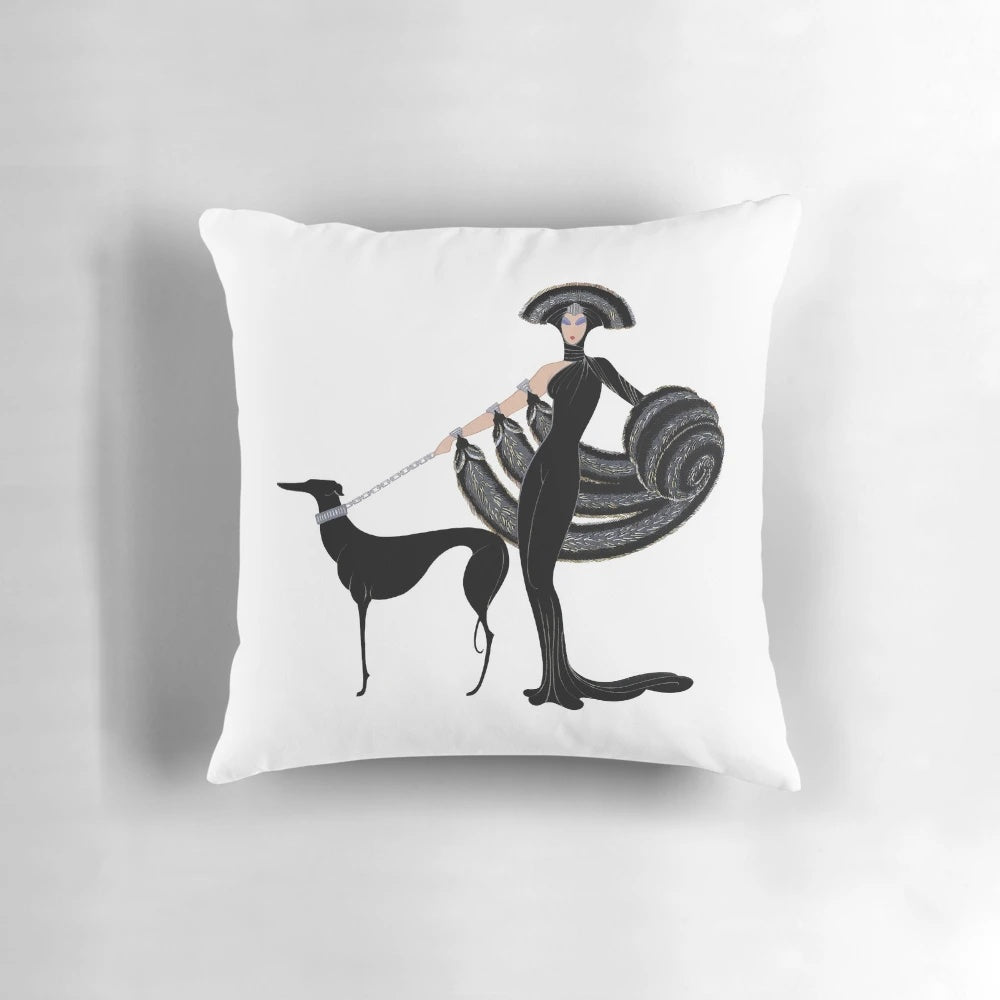 Illustration of a fashionable woman in an Art Deco-inspired haute couture dress, with a greyhound, on a decorative accent pillow.