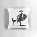 Illustration of a fashionable woman in an Art Deco-inspired haute couture dress, with a greyhound, on a decorative accent pillow.
