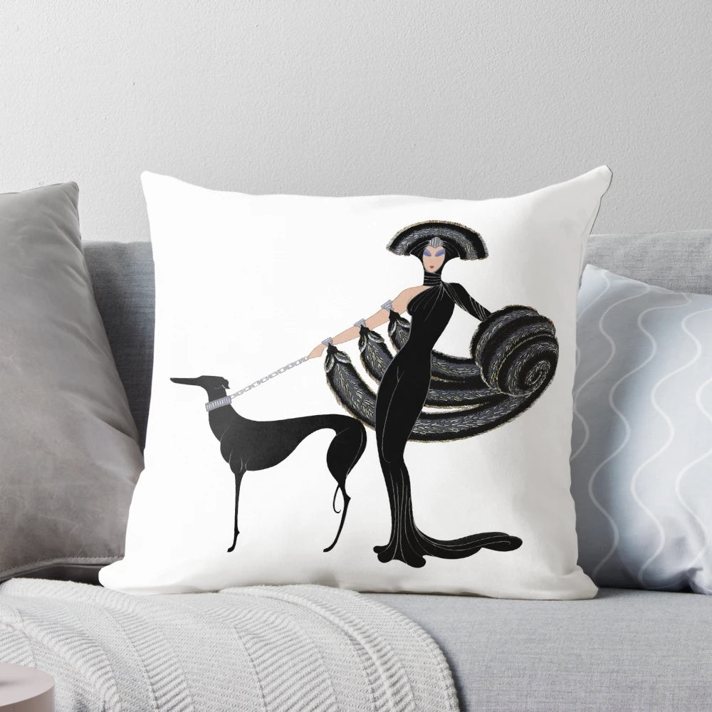 Illustration of a fashionable woman in an Art Deco-inspired haute couture dress, with a greyhound, on a decorative accent pillow.