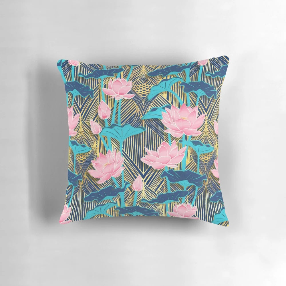 Decorative art deco style throw pillow featuring a pattern of pink and navy blue lotus flowers