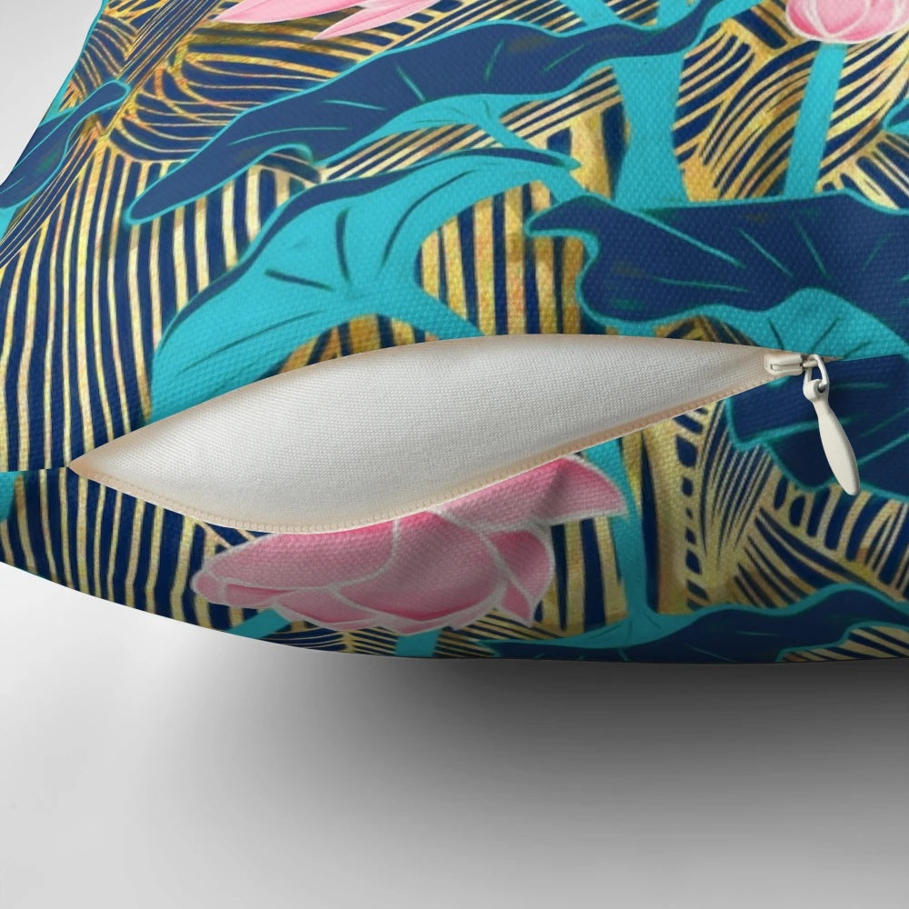 Decorative art deco style throw pillow featuring a pattern of pink and navy blue lotus flowers