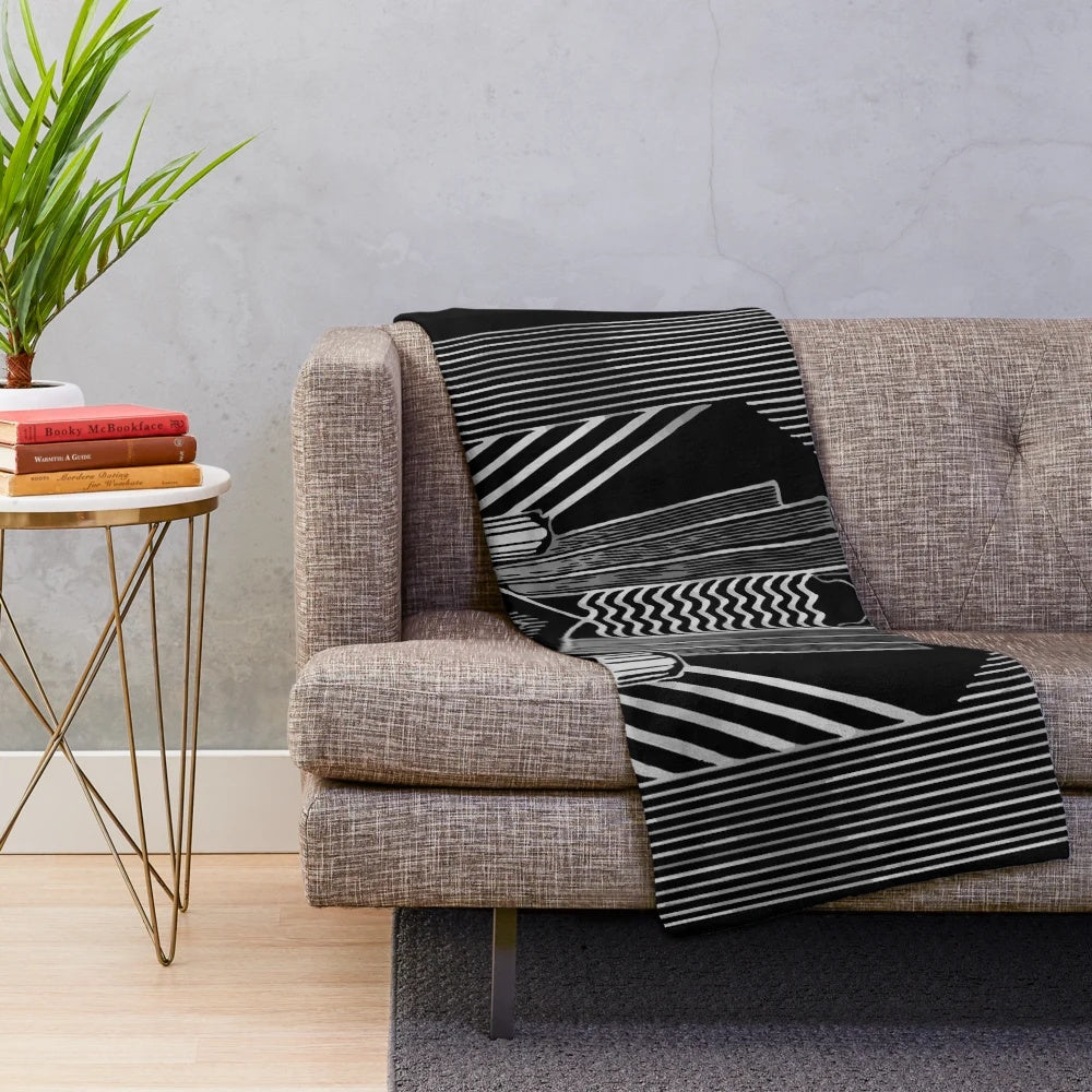 Art Deco Plush Blanket with Abstract Black and White Pattern