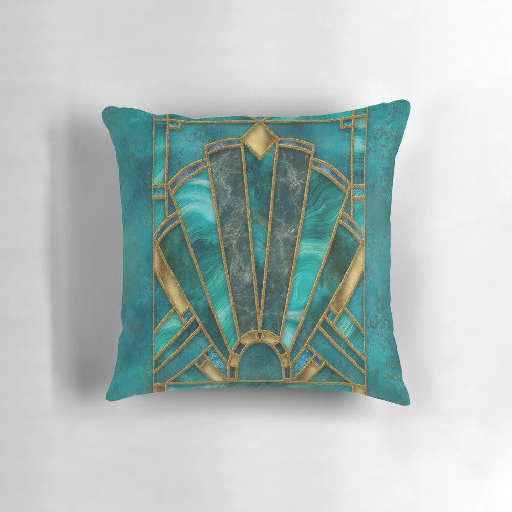 Luxurious art deco style pillow with teal, turquoise, and gold stained glass design, accented with marble and gemstones.