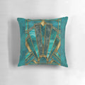 Luxurious art deco style pillow with teal, turquoise, and gold stained glass design, accented with marble and gemstones.