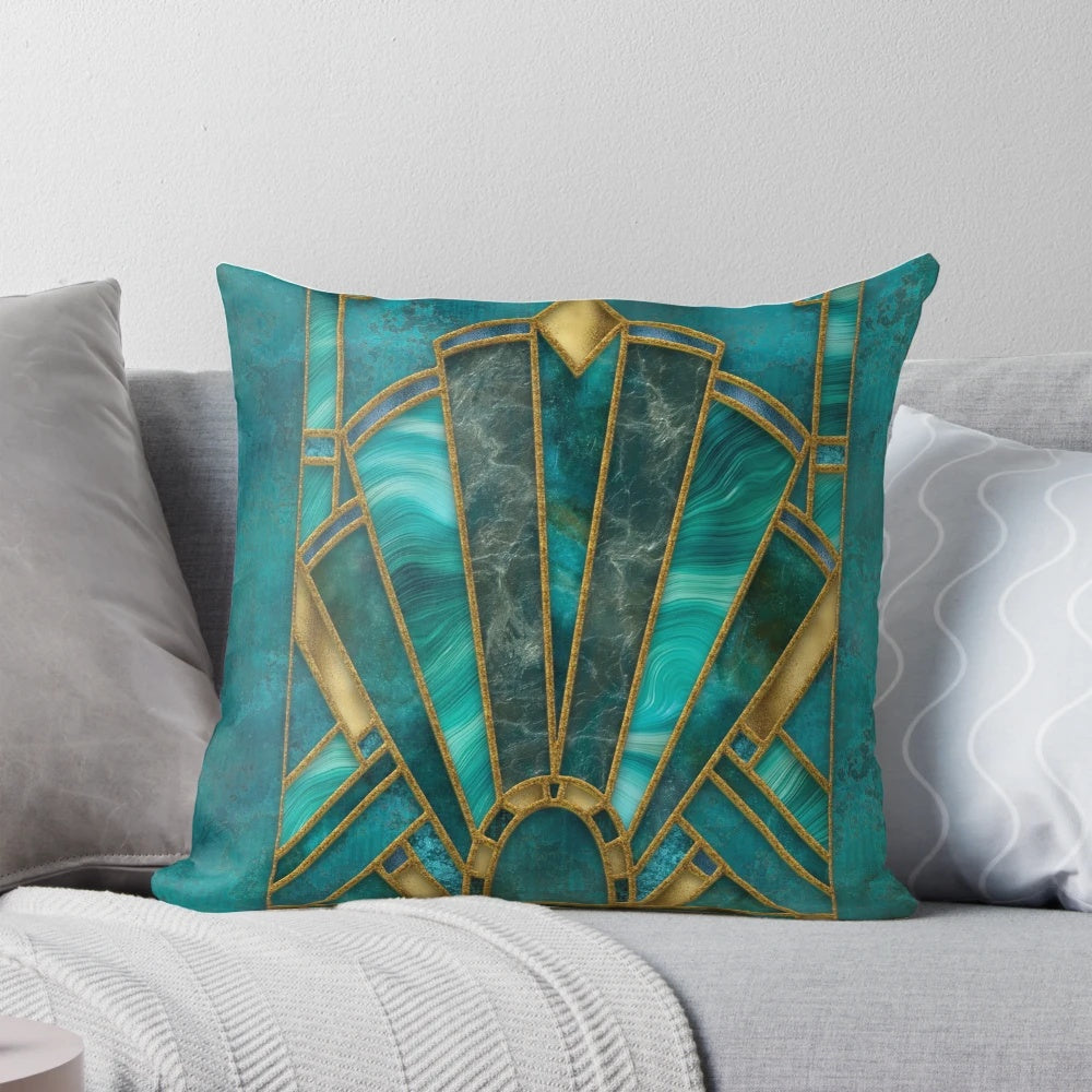 Luxurious art deco style pillow with teal, turquoise, and gold stained glass design, accented with marble and gemstones.