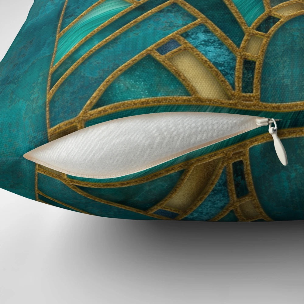 Luxurious art deco style pillow with teal, turquoise, and gold stained glass design, accented with marble and gemstones.