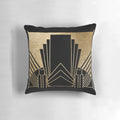 Decorative throw pillow with art deco inspired geometric and gold pattern design