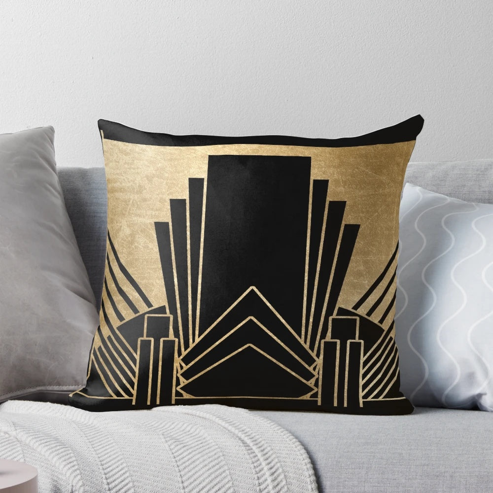 Decorative throw pillow with art deco inspired geometric and gold pattern design
