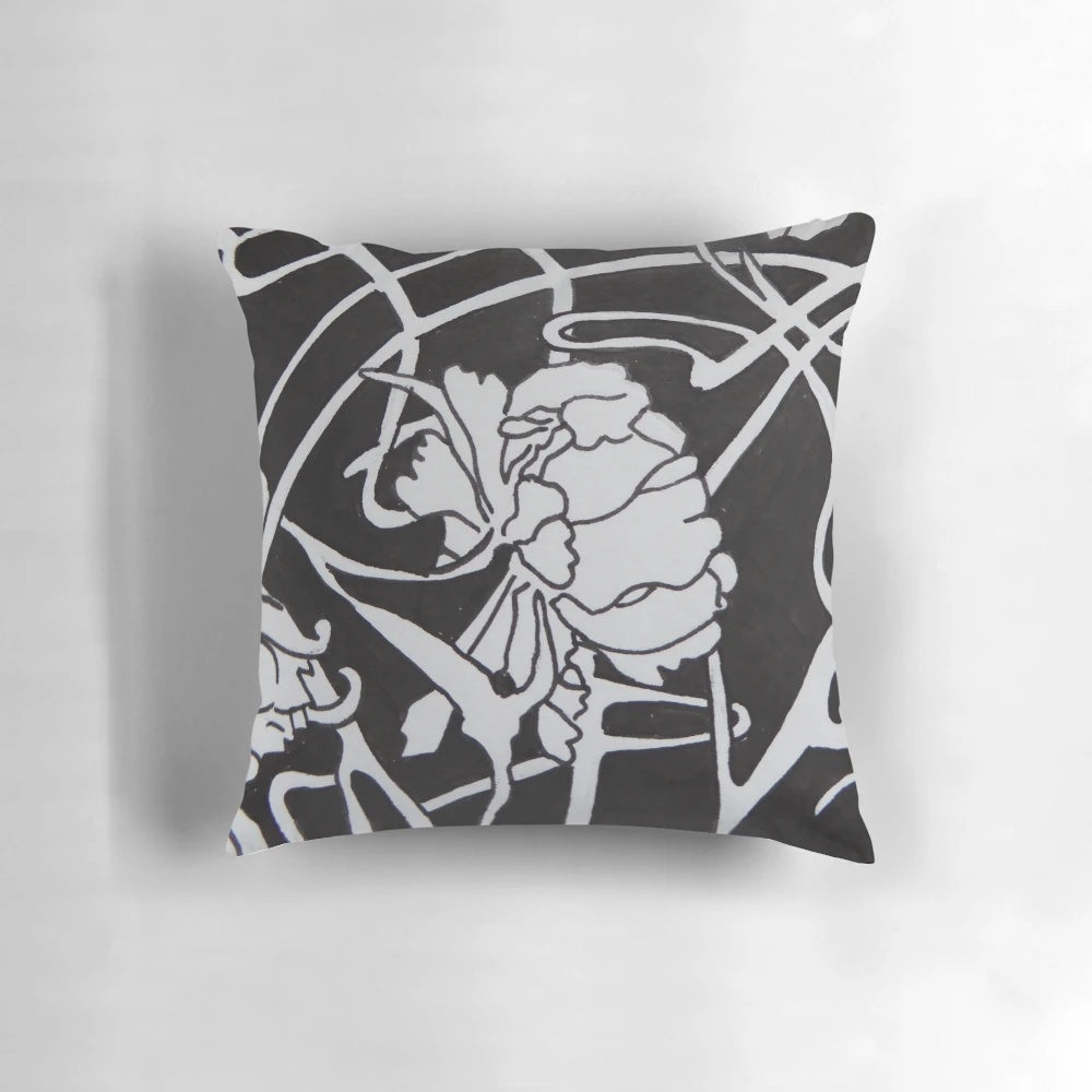 Art Nouveau decorative pillow with black and white Alphonse Mucha-inspired design