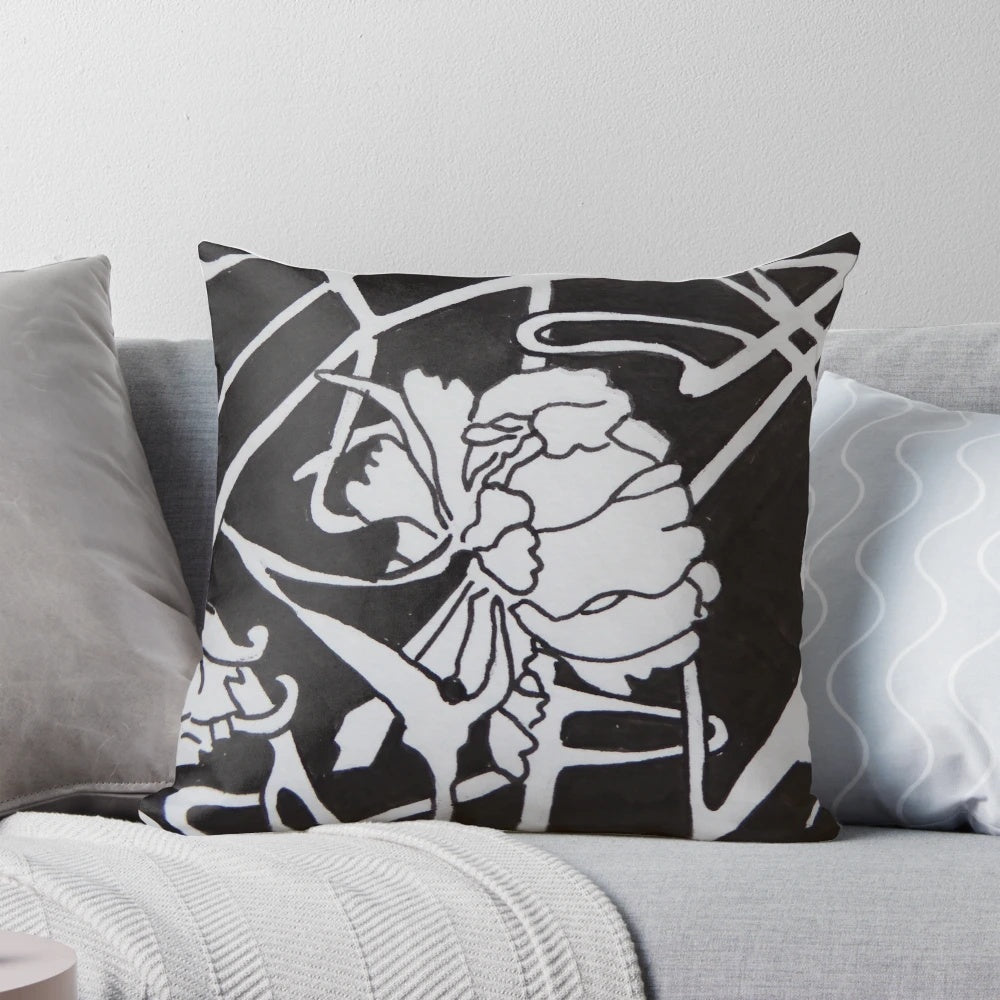 Art Nouveau decorative pillow with black and white Alphonse Mucha-inspired design