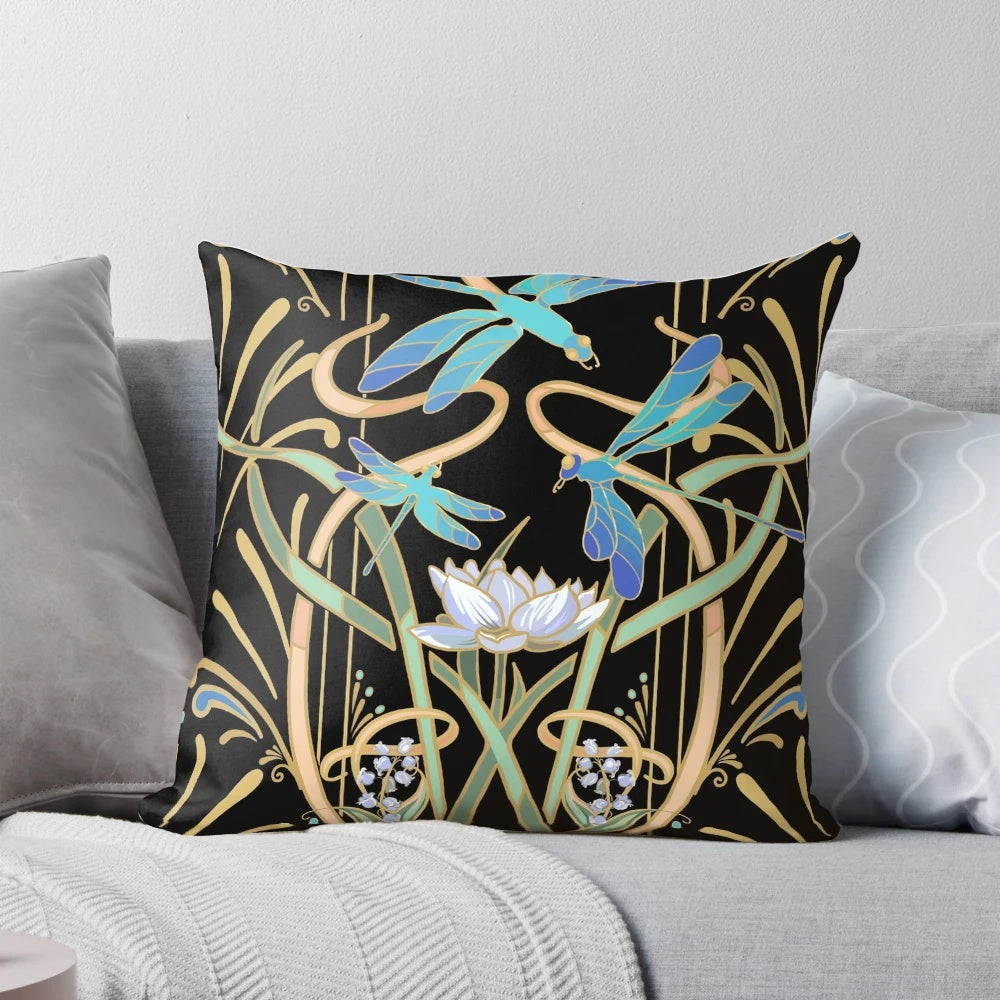 A decorative throw pillow featuring an art nouveau-inspired dragonflies pattern in a stylish color palette.