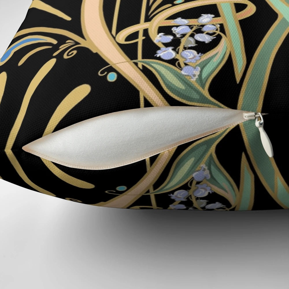 A decorative throw pillow featuring an art nouveau-inspired dragonflies pattern in a stylish color palette.