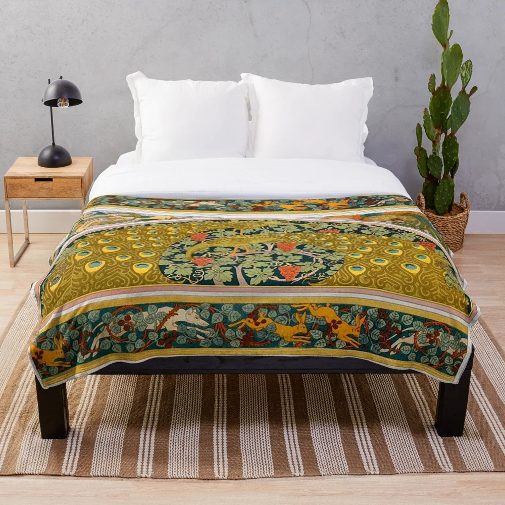 Lush, nature-inspired art nouveau floral plush blanket featuring peacocks, grape vines, and forest animals