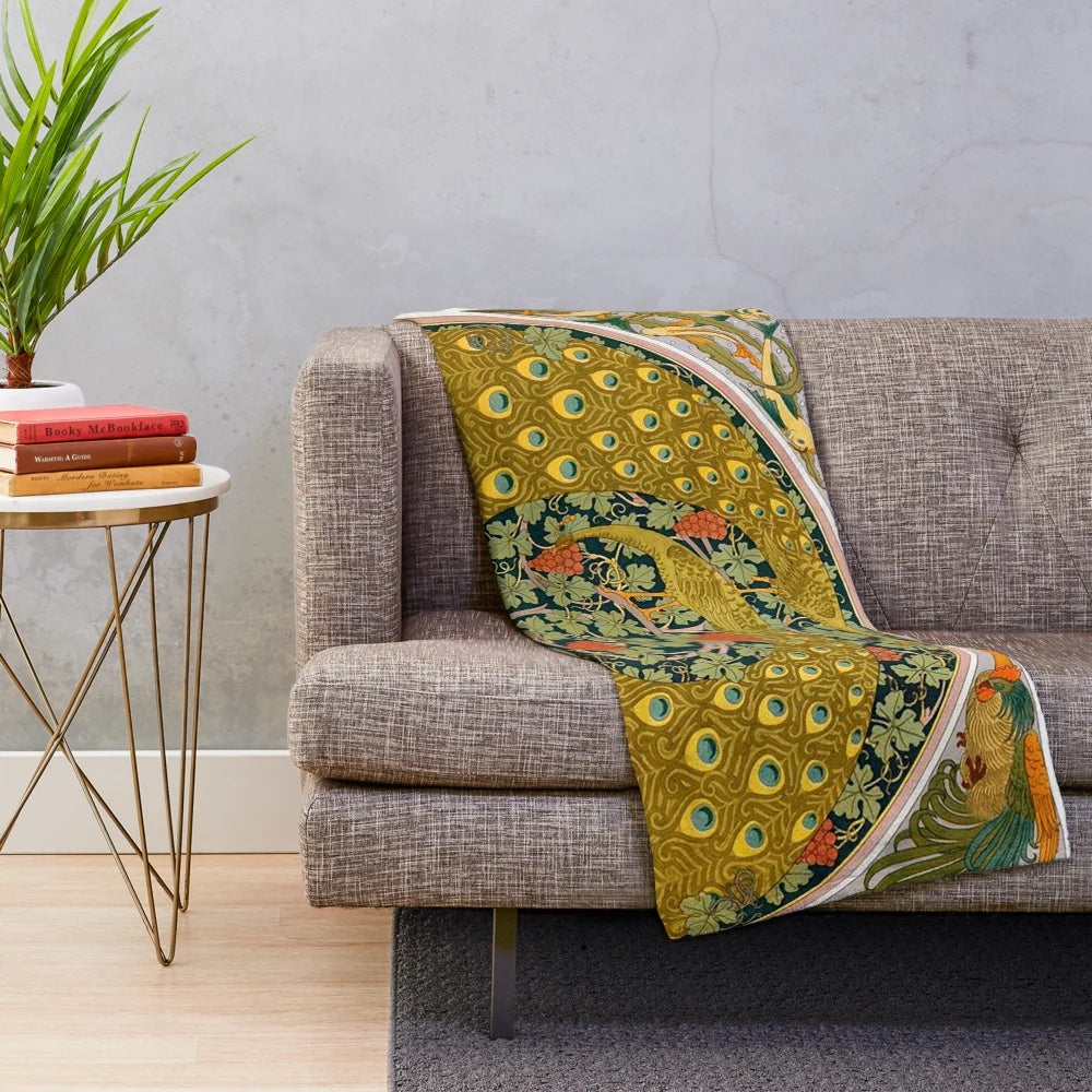 Lush, nature-inspired art nouveau floral plush blanket featuring peacocks, grape vines, and forest animals