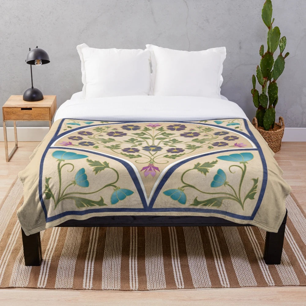 Art nouveau inspired plush blanket with morning glory flower design