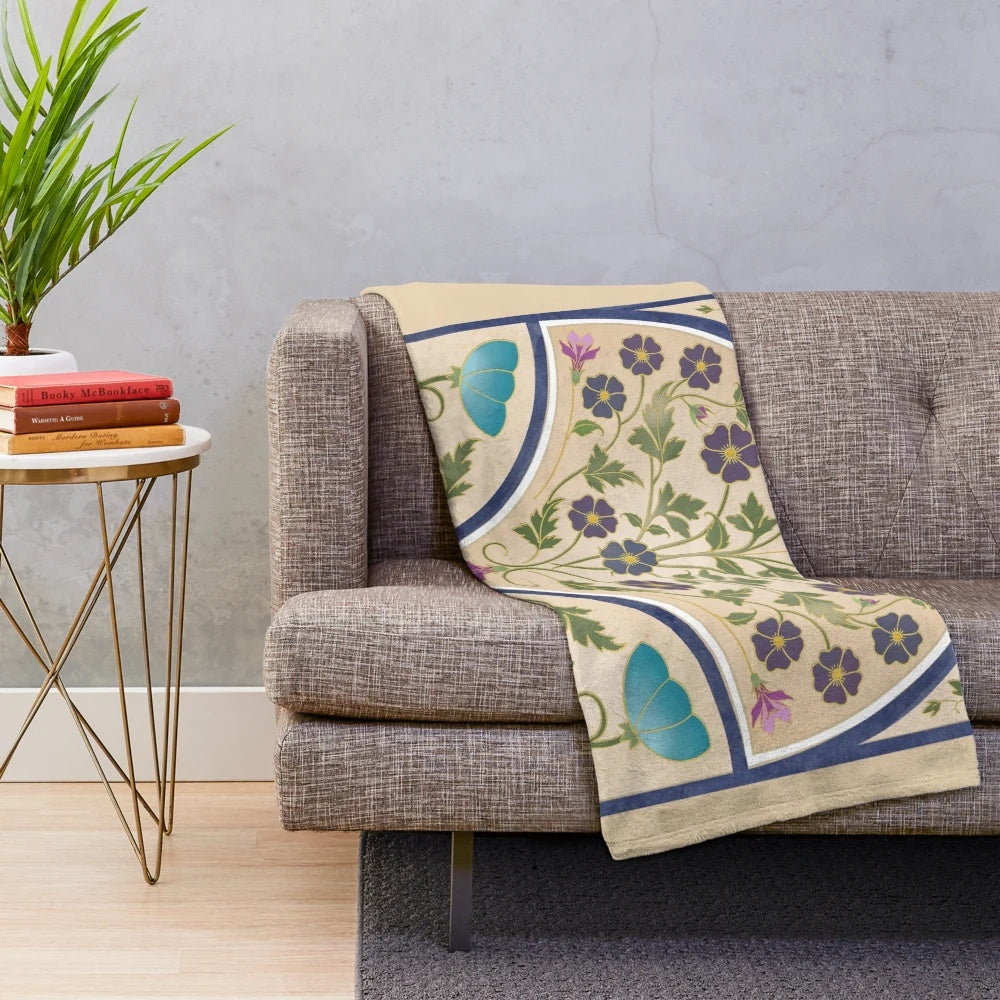 Art nouveau inspired plush blanket with morning glory flower design