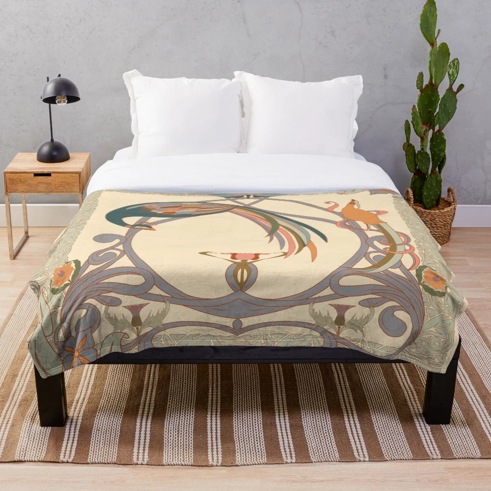 Intricate art nouveau inspired plush blanket with botanical motifs