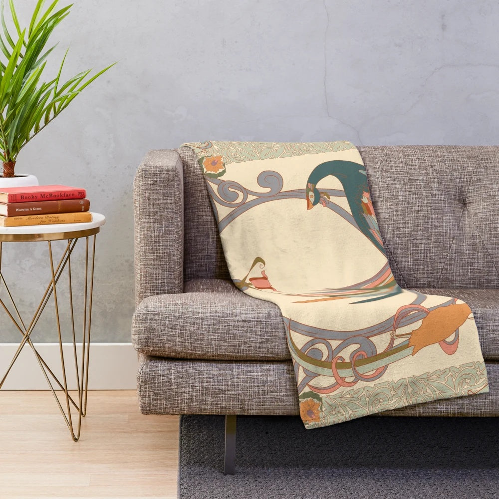 Intricate art nouveau inspired plush blanket with botanical motifs