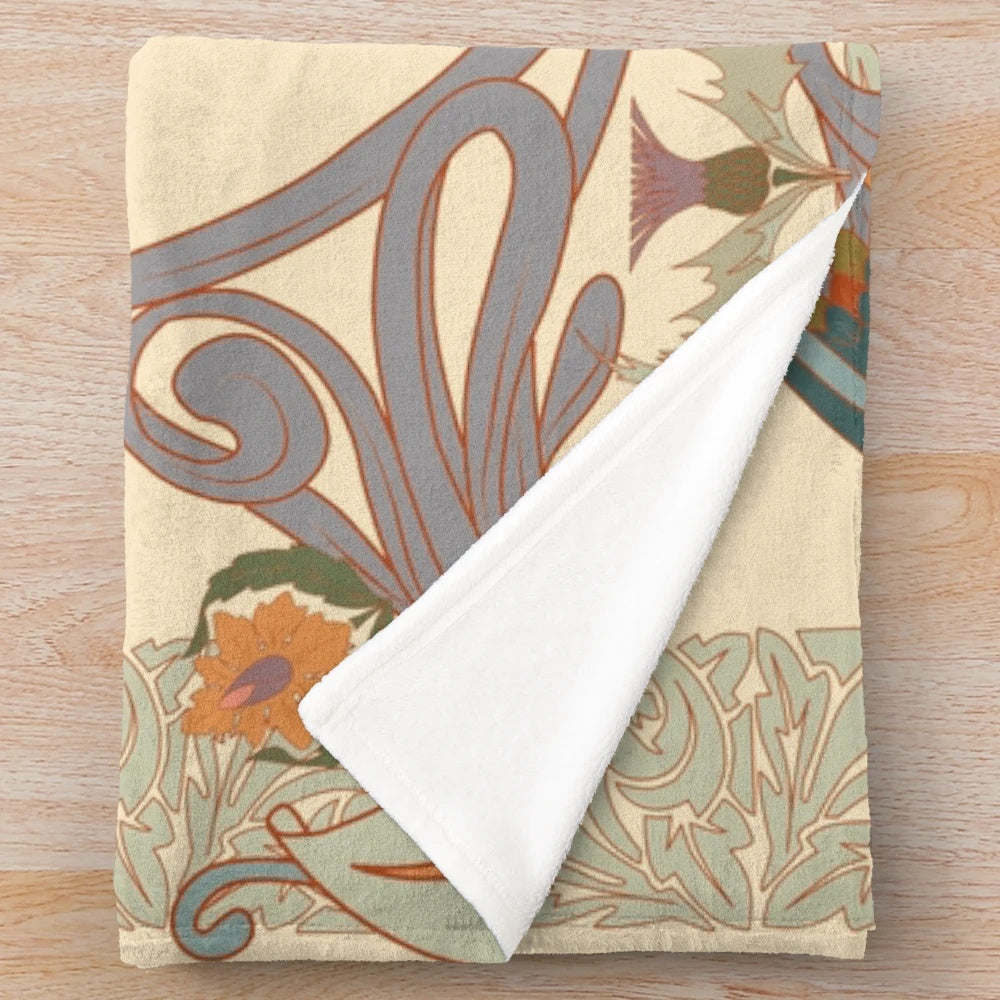 Intricate art nouveau inspired plush blanket with botanical motifs