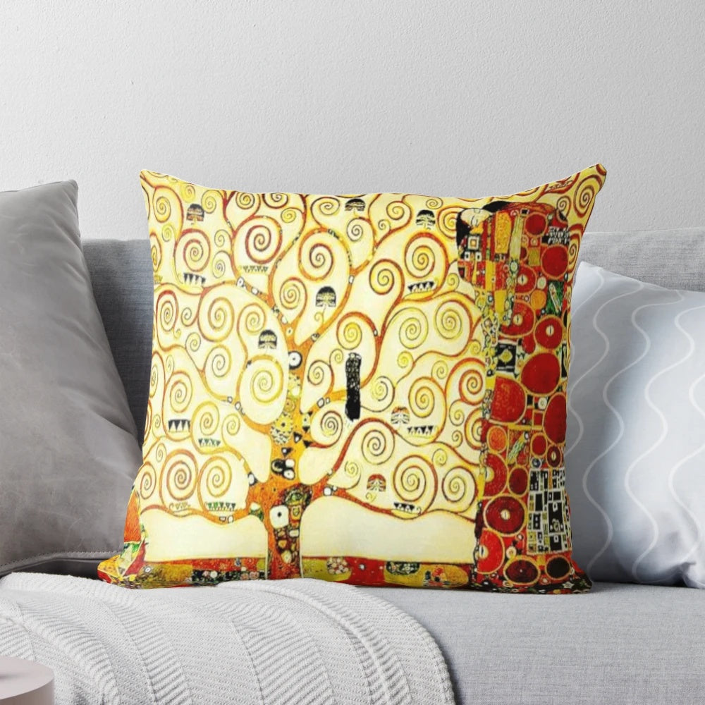 Decorative Art Nouveau-style pillow featuring Gustav Klimt's iconic "The Tree of Life" painting