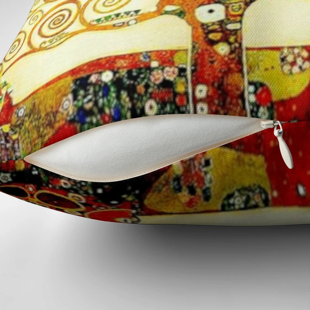 Decorative Art Nouveau-style pillow featuring Gustav Klimt's iconic "The Tree of Life" painting
