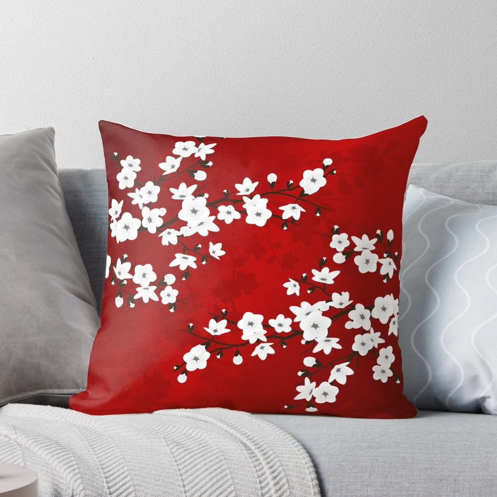 Exquisite cherry blossom floral design on a decorative pillow