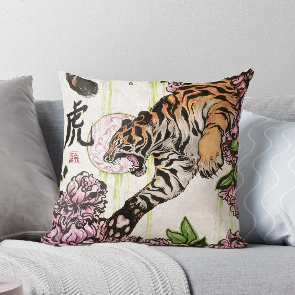 Decorative pillow featuring a hand-painted tiger design in an Asian-inspired style