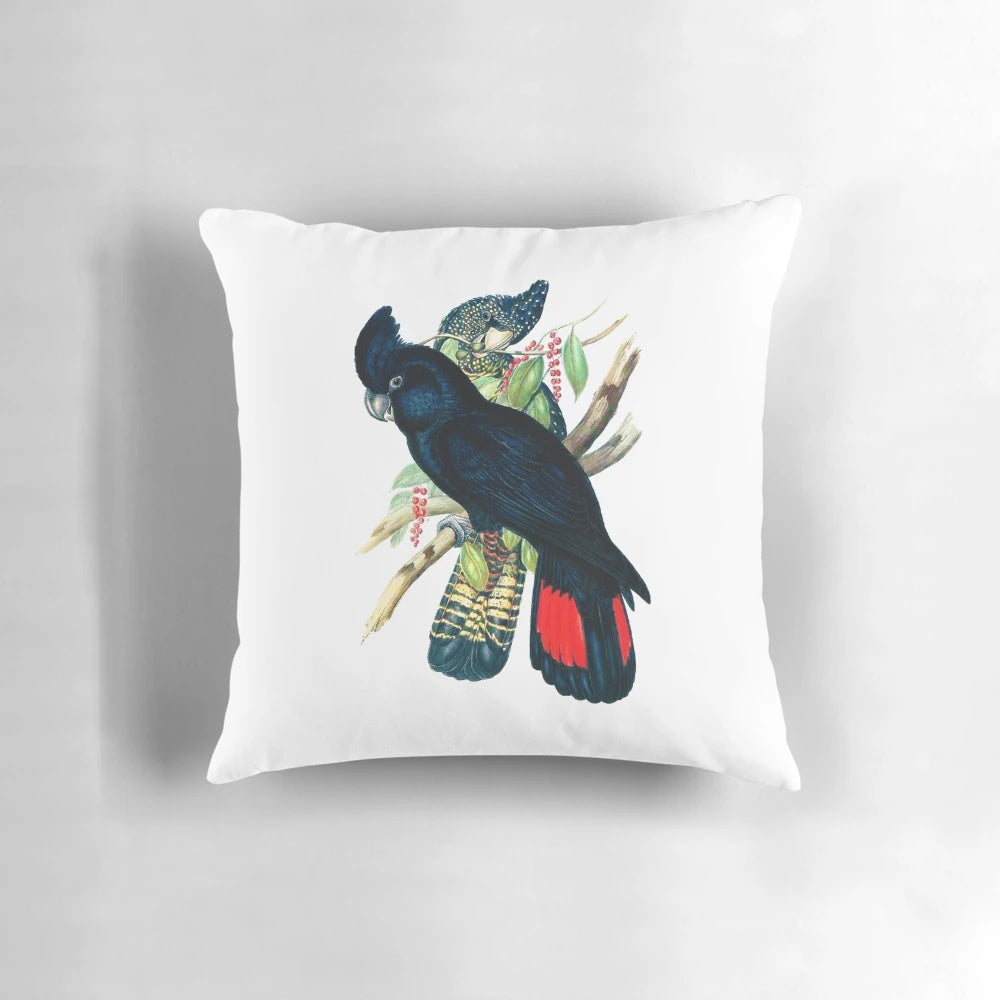 Decorative throw pillow featuring the beautiful and majestic Australian Banksian Black Cockatoo