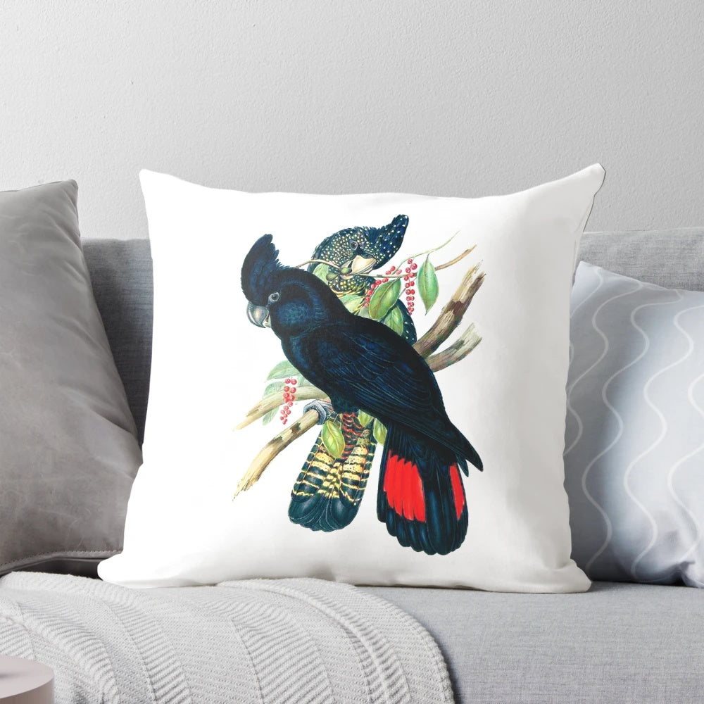 Decorative throw pillow featuring the beautiful and majestic Australian Banksian Black Cockatoo