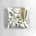 Closeup of a Banksia-patterned decorative pillow