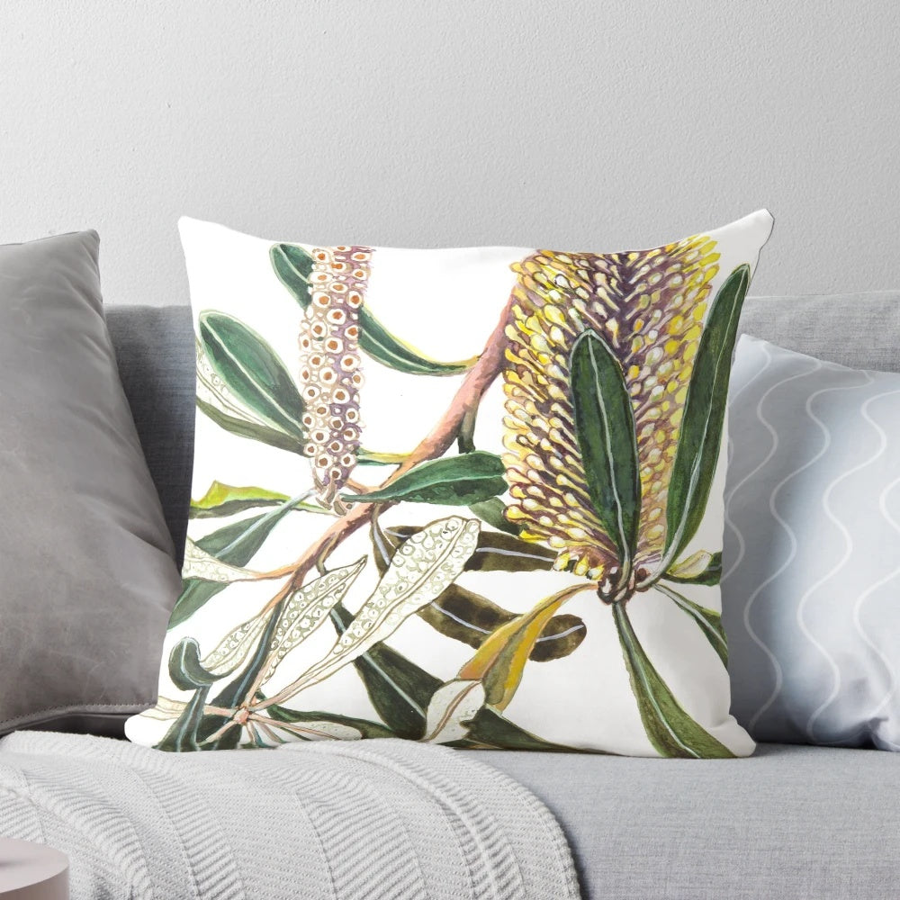 Closeup of a Banksia-patterned decorative pillow