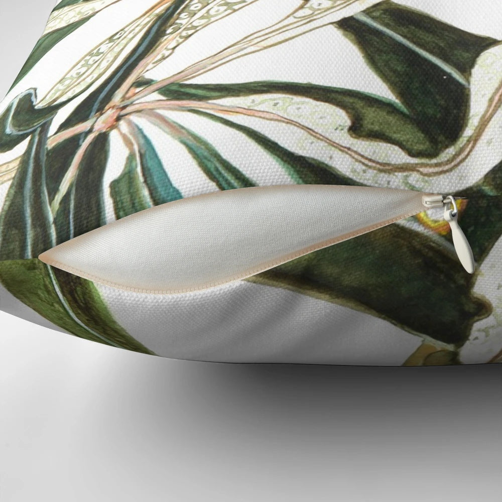 Closeup of a Banksia-patterned decorative pillow