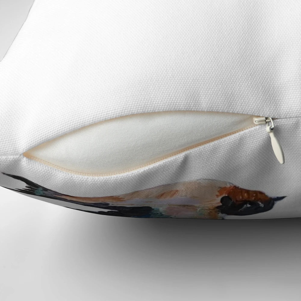 Vibrant acrylic painting of three elegant barn swallows in flight on a decorative throw pillow