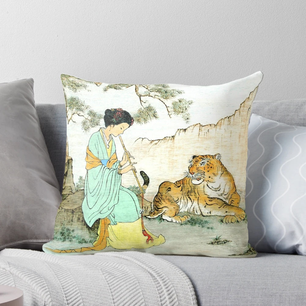 Stunning tiger pillow with an oriental beauty design for luxurious home decor