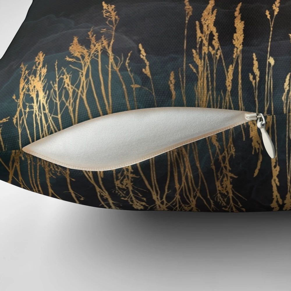 An elegant pillow featuring a watercolor-style design of a flying crane or bird in a nature landscape.